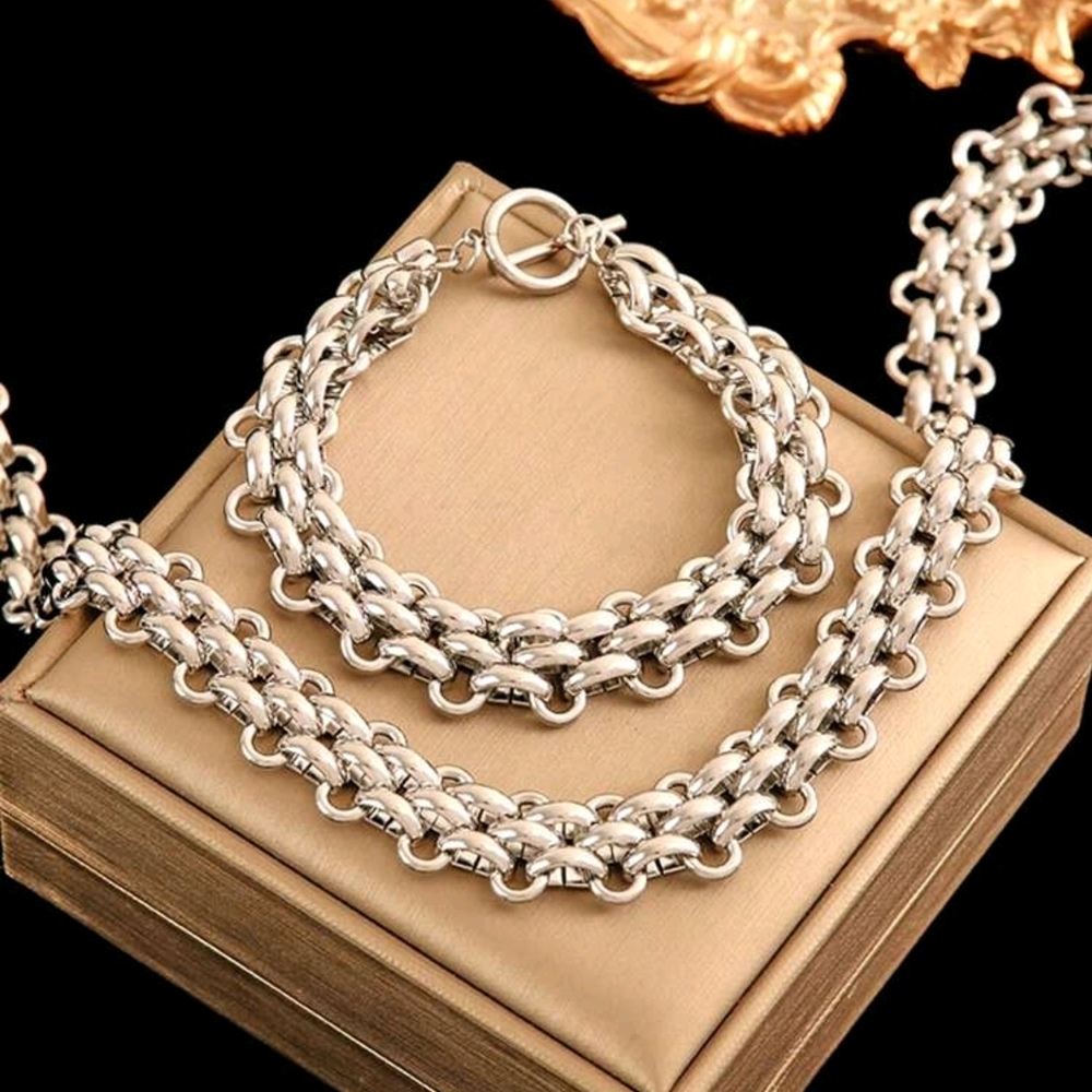 Elegant Stainless Steel Thick/Chunky Chain Bracelet and Necklace Set